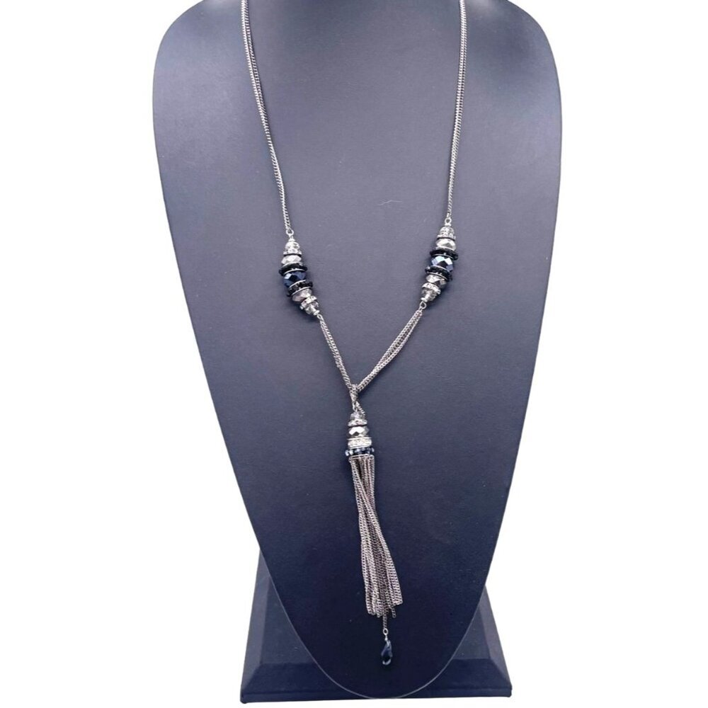 Vintage Ali Khan New York Blue Crystal Tassel Y Drop Chain Necklace Silver Tone